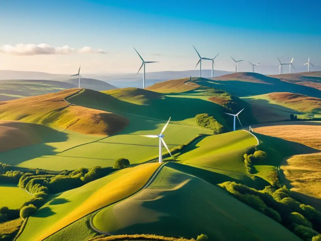 Energía verde en Escocia: paisaje de colinas verdes y molinos de viento bajo un cielo azul claro, simbolizando un futuro de cero emisiones