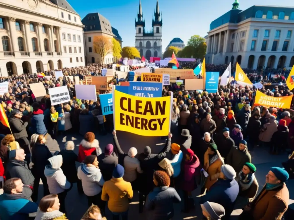 Manifestación por energías limpias: Una bulliciosa plaza urbana llena de manifestantes con pancartas coloridas y energía esperanzadora