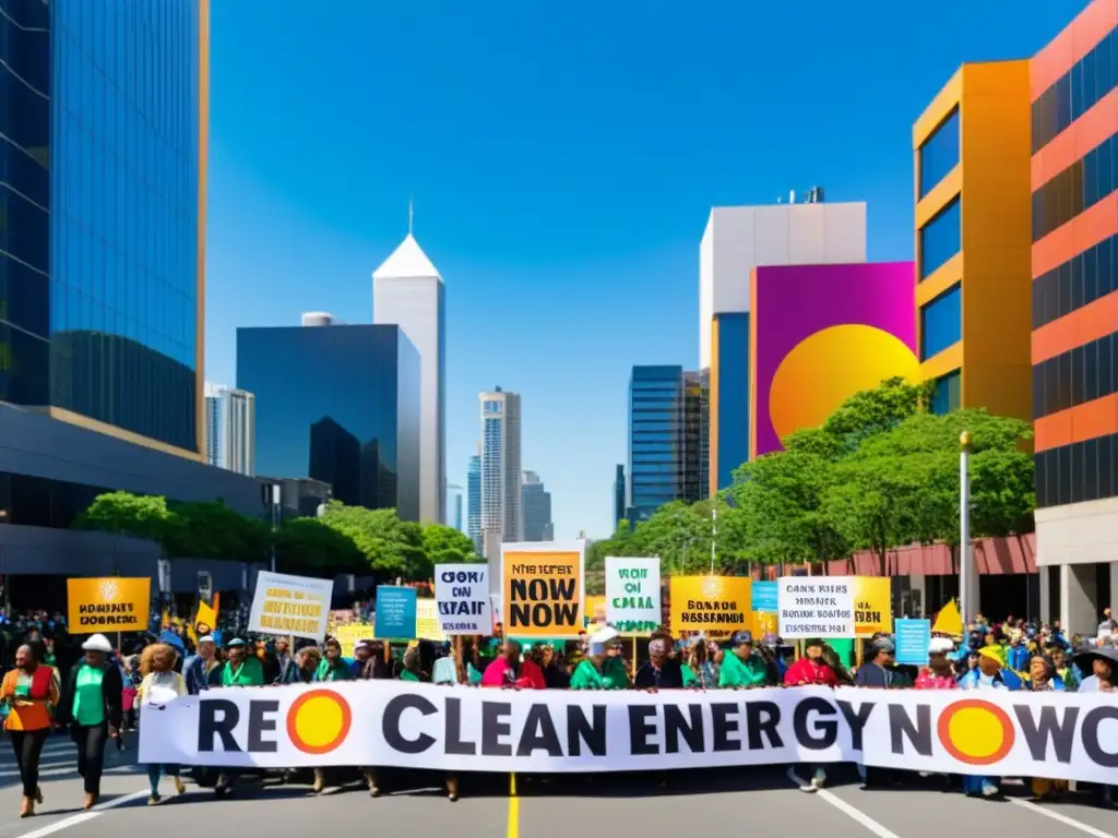 Manifestación por energías limpias en la ciudad: diversidad, determinación y esperanza en pancartas coloridas bajo el sol brillante