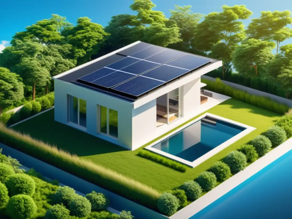 Inversión en energías limpias para el hogar: Una ilustración minimalista de una moderna casa ecológica con paneles solares en el techo, rodeada de exuberante vegetación y un cielo azul claro