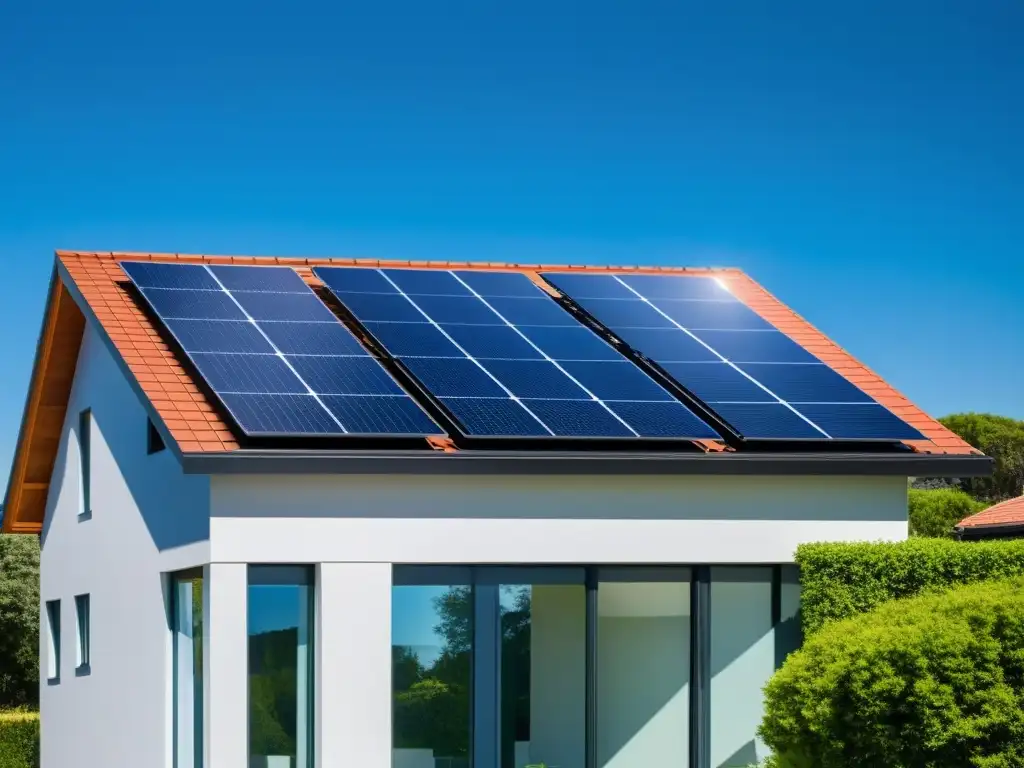 Inversión en energías limpias para el hogar: Panel solar moderno en tejado suburbano, integrando tecnología y estilo ecofriendly