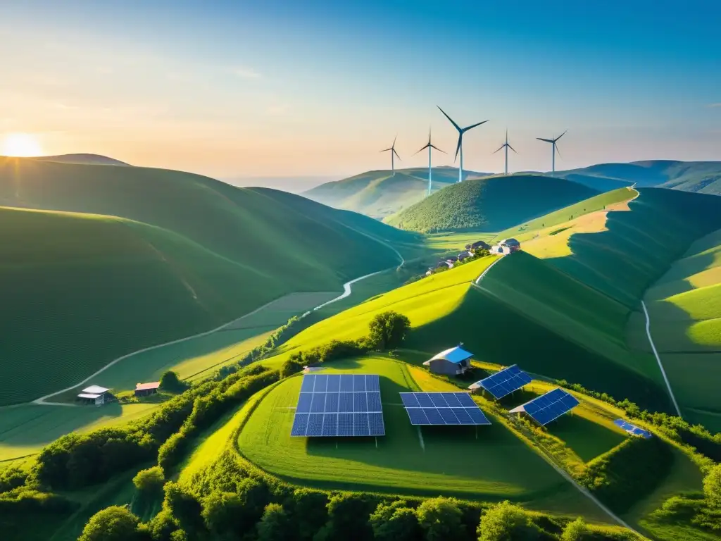 Implementación de energías renovables en áreas remotas: El amanecer ilumina un tranquilo pueblo en un valle verde, con molinos de viento y paneles solares integrados en armonía con la naturaleza