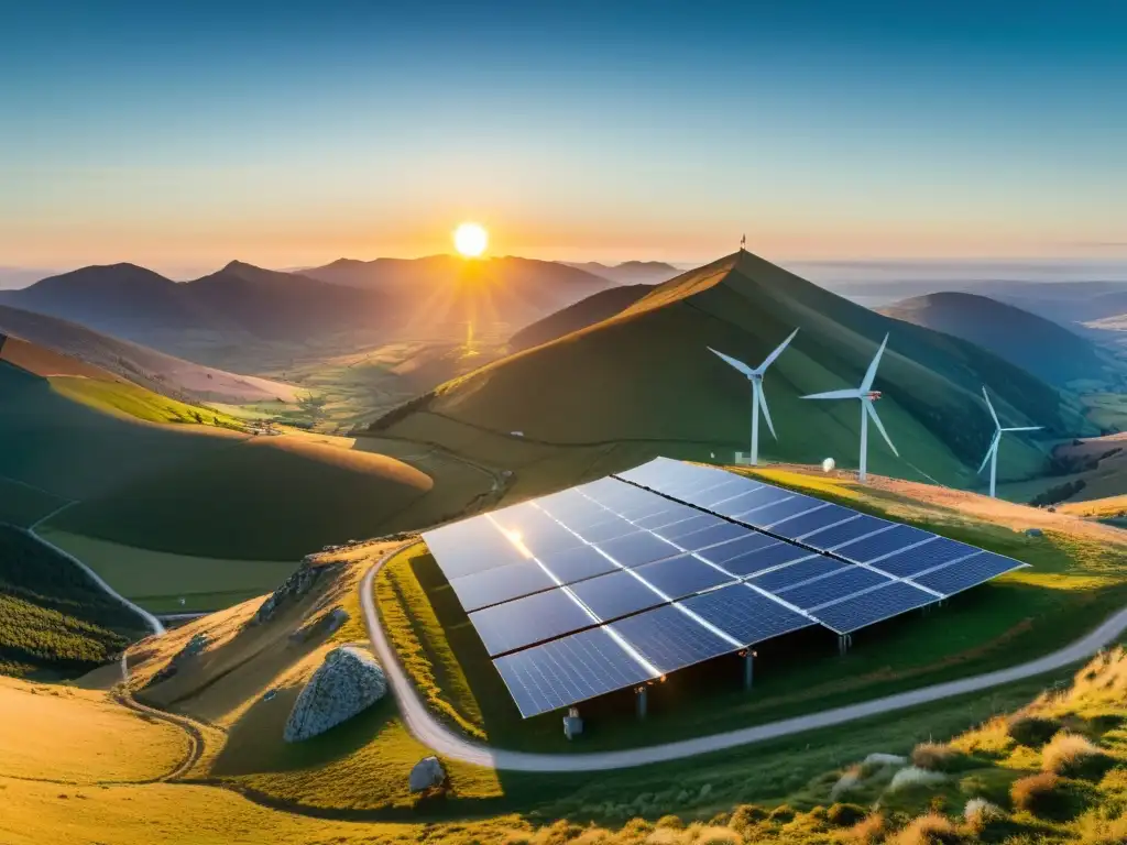 Implementación de energías renovables en áreas remotas: paisaje montañoso con instalaciones solares y eólicas, bañado por la cálida luz del amanecer