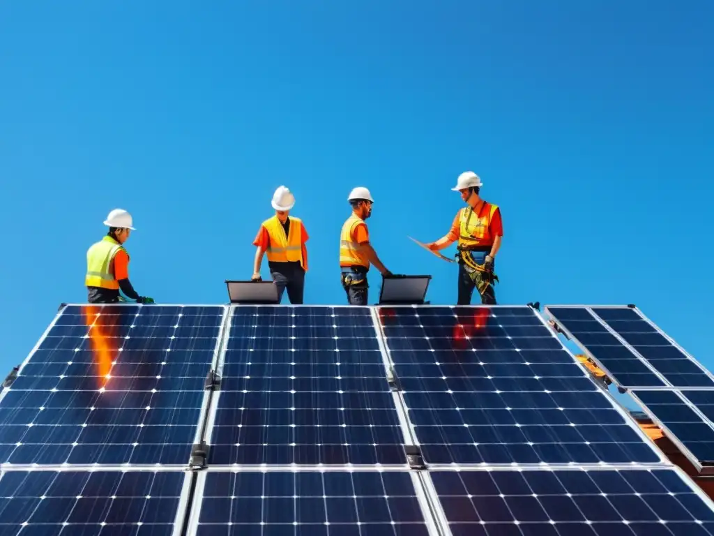 Un equipo colaborativo instala paneles solares en un día soleado