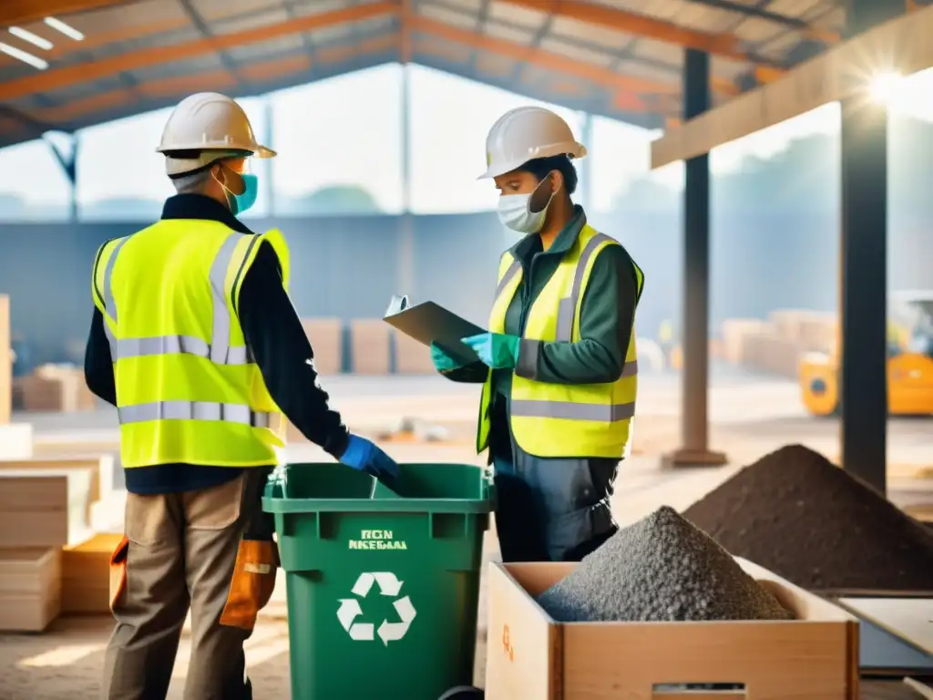 Equipo de construcción reciclando materiales con dedicación y eficiencia, promoviendo la sostenibilidad y el cuidado del medio ambiente