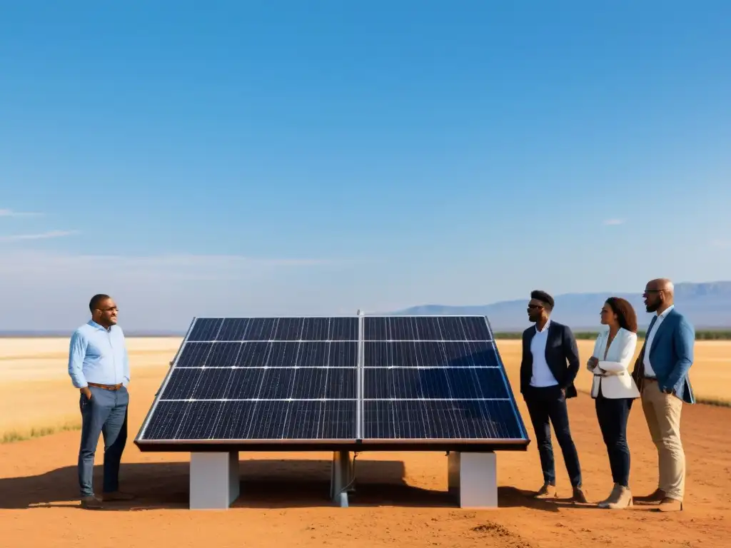 Un equipo diverso colabora en estrategias de difusión para un proyecto solar colaborativo en un campo soleado y abierto