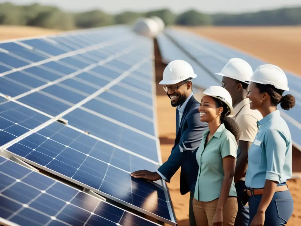 Equipo diverso colaborando en proyecto solar con estrategias de difusión, mostrando innovación y conciencia ambiental