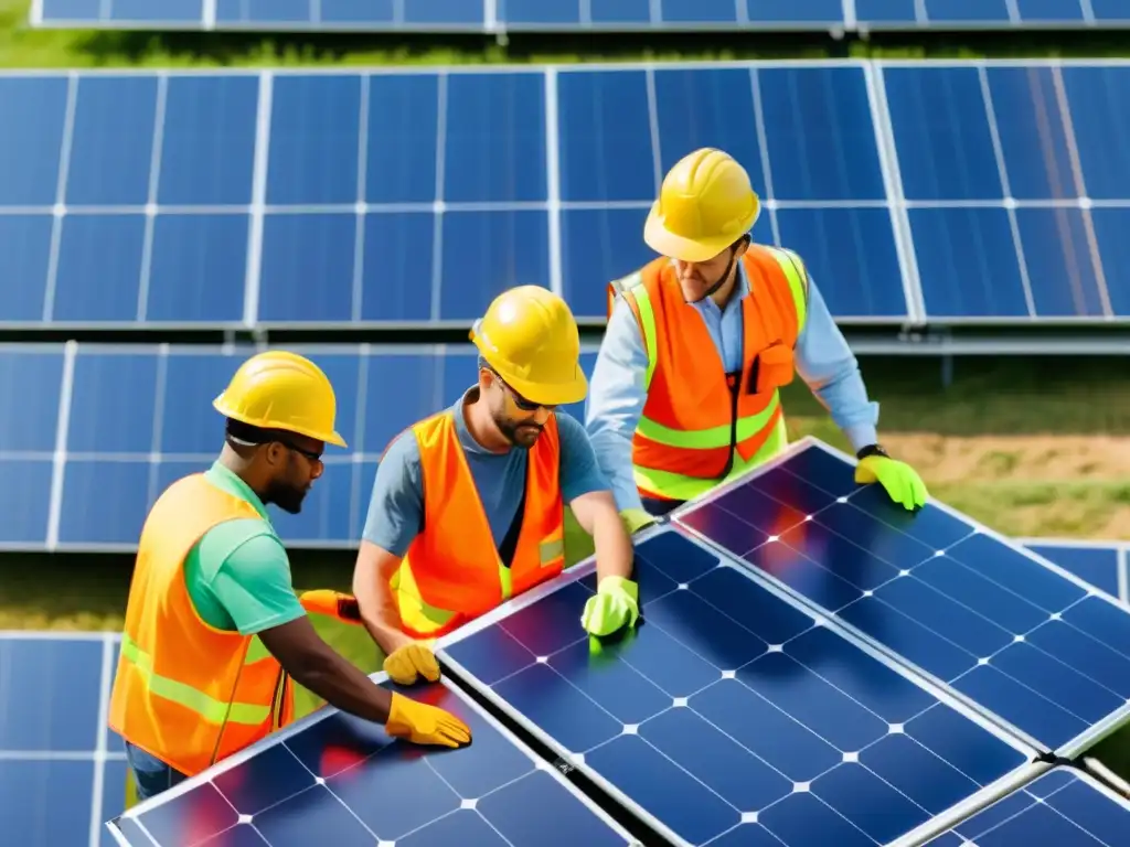 Un equipo diverso de trabajadores ensambla paneles solares en un día soleado, simbolizando la protección laboral en la industria de energía renovable