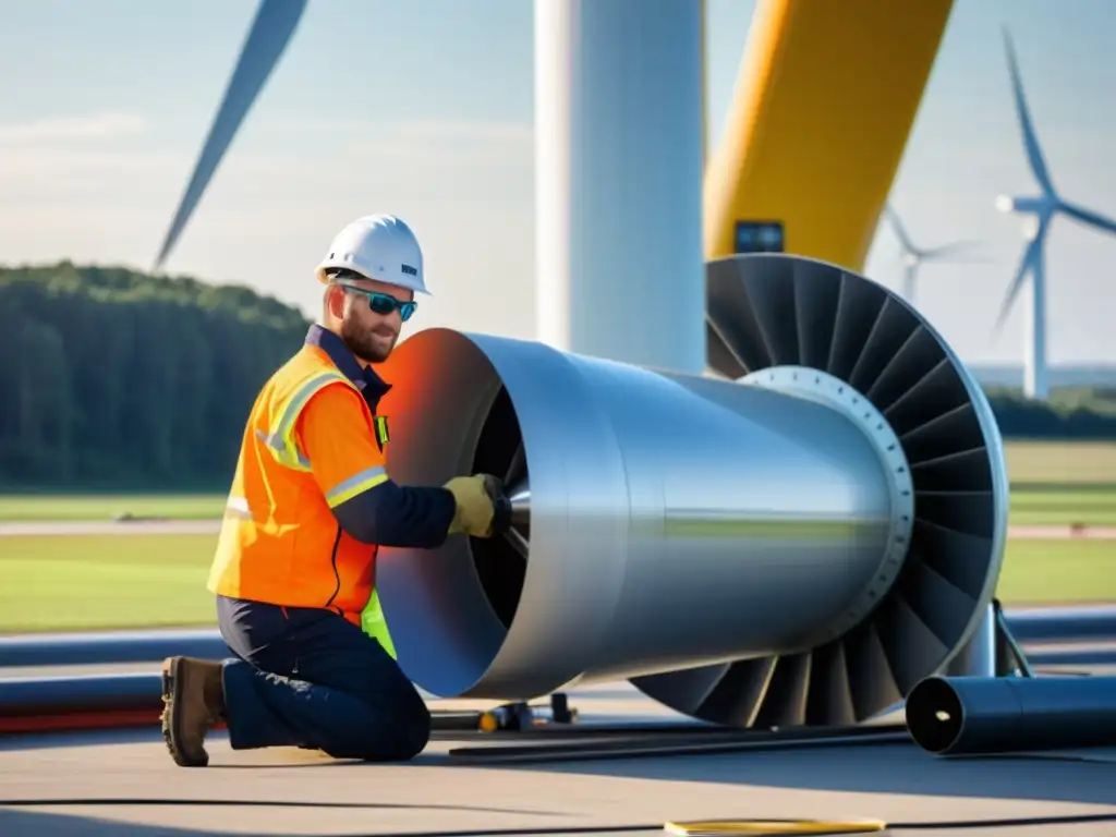 Un equipo de ingenieros desmonta con cuidado una moderna pala de aerogenerador, mostrando la compleja tecnología