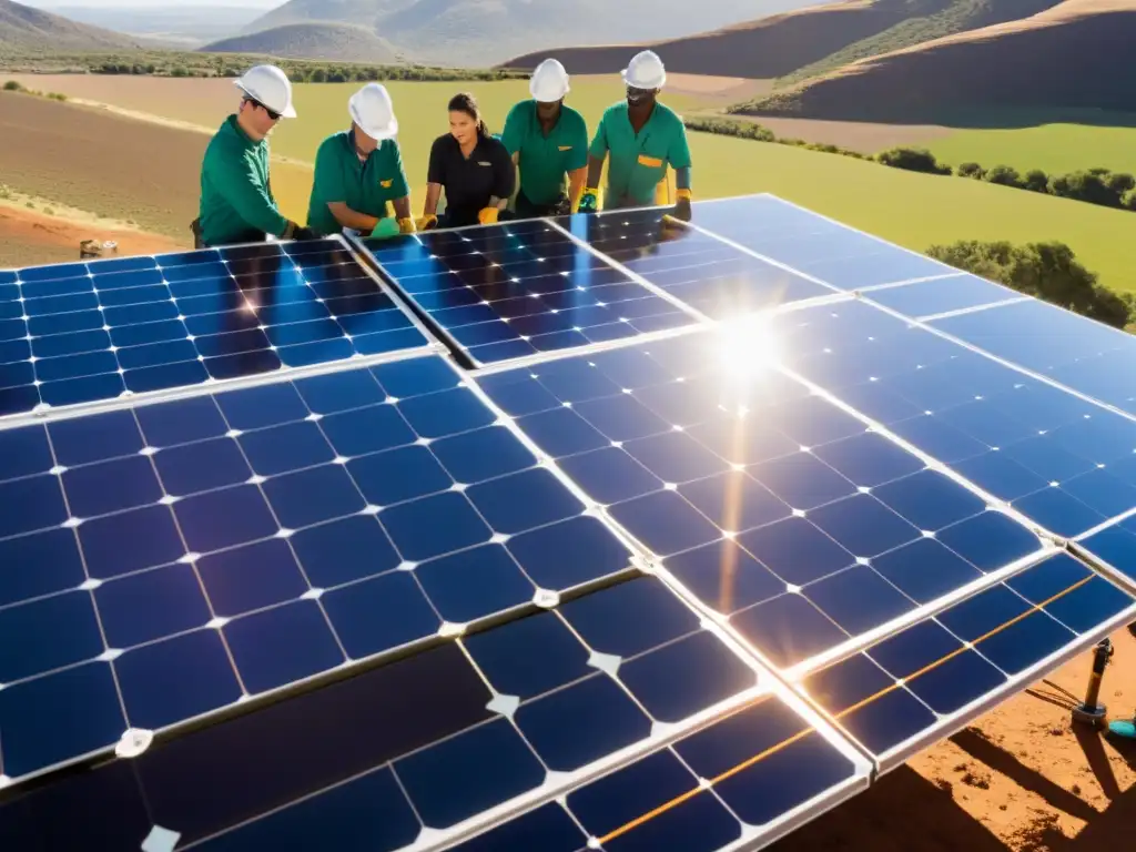 Equipo de ingenieros y técnicos colaborando en la instalación de paneles solares a gran escala en un día soleado