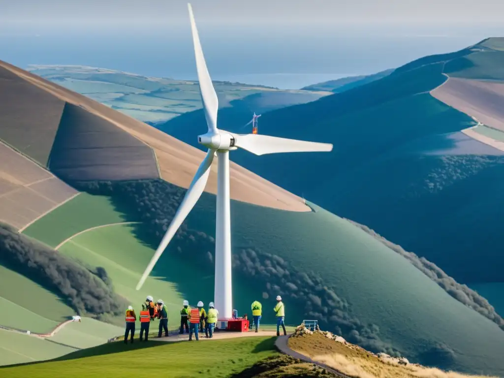 Un equipo de ingenieros y técnicos ensambla una turbina eólica en terreno montañoso, destacando la instalación en terrenos complejos