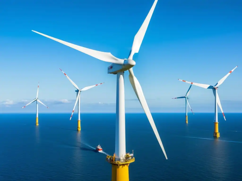 Equipo de ingenieros y trabajadores ensamblan una enorme turbina eólica en el sereno mar