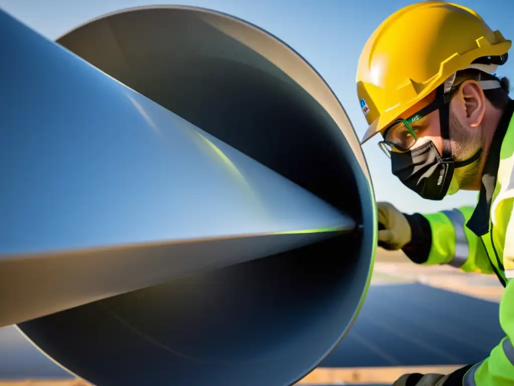 Un equipo de técnicos en equipo protector desmonta con precisión una hoja de aerogenerador, resaltando los desafíos ambientales del desmantelamiento