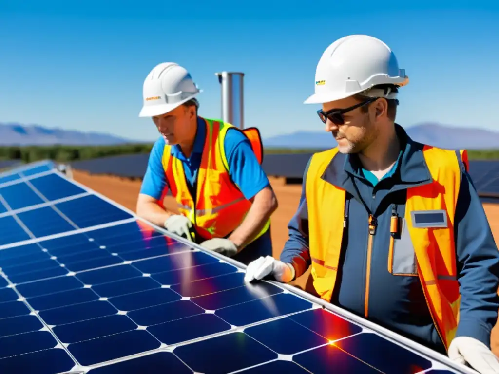 Equipo de técnicos especializados en mantenimiento de sistemas solares inspeccionando paneles solares en un día soleado