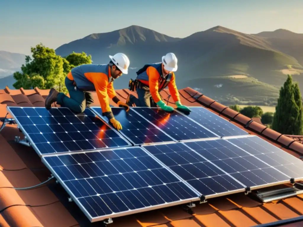 Equipo de técnicos instalando paneles solares en un tejado residencial, con el sol proyectando una cálida luz sobre la escena