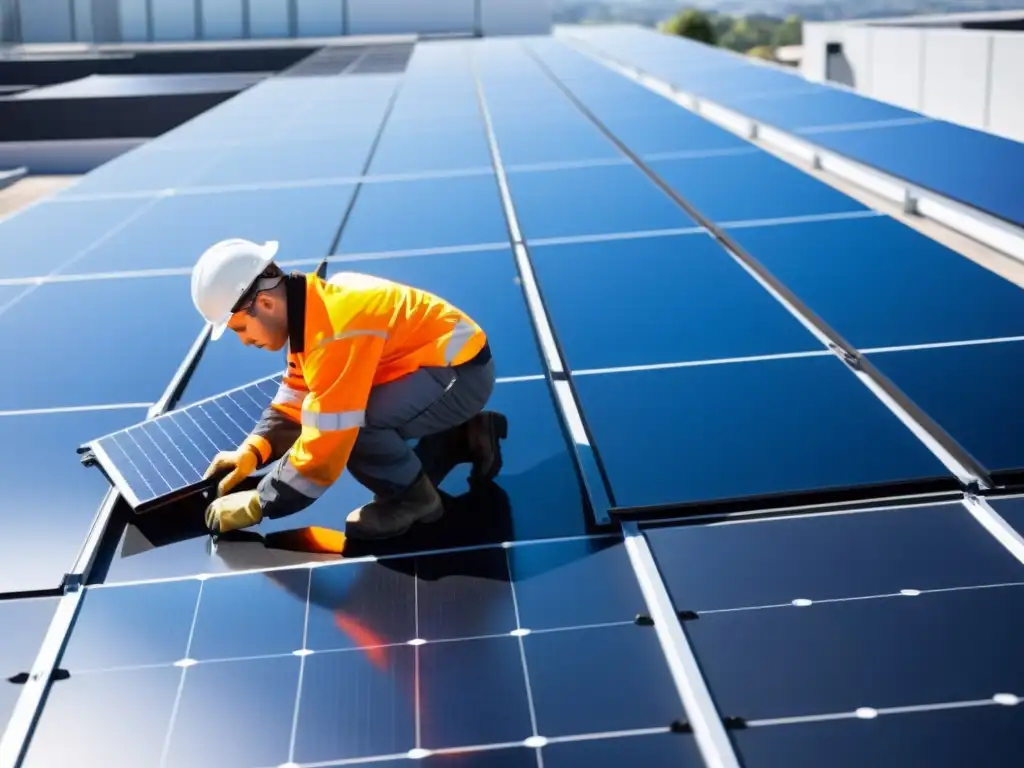 Un equipo de trabajadores instala con cuidado paneles solares en un edificio urbano, reflejando el sol en su superficie negra