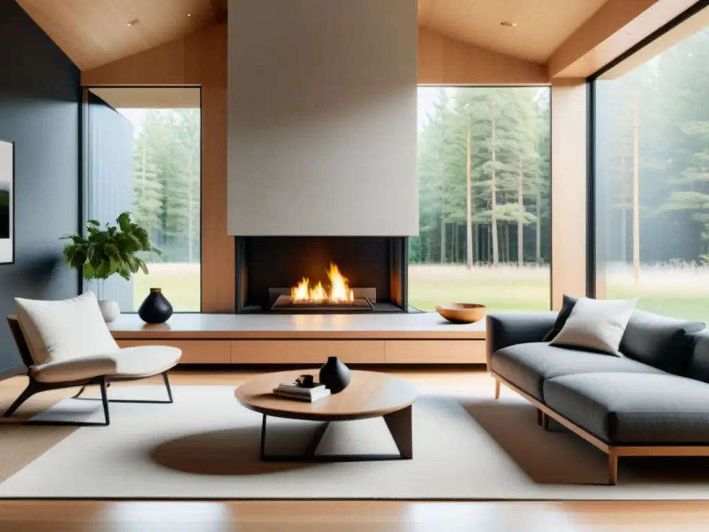 Salón escandinavo con transición a biomasa en hogares sostenibles, elegante y luminoso, con decoración sostenible y chimenea eficiente