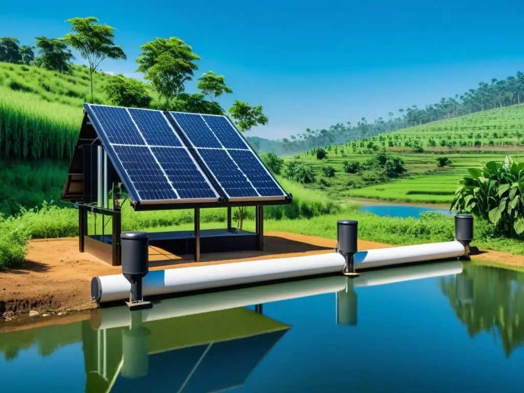 Escena de purificación de agua solar sostenible en un pueblo rural, con paneles solares modernos y agua clara