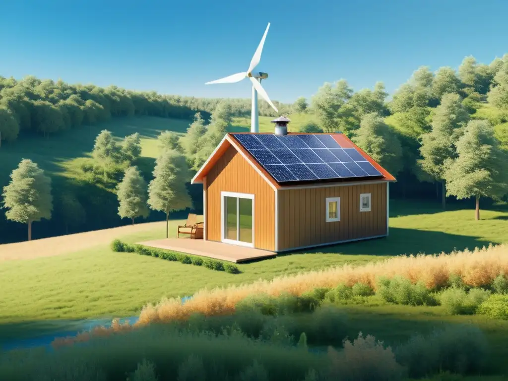 Escena de campo serena con cabaña offgrid entre árboles verdes y cielo azul