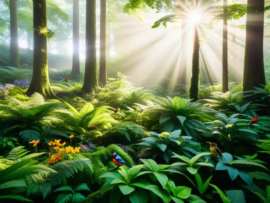 Escena exuberante de un bosque vibrante, con diversidad de vida vegetal y animal