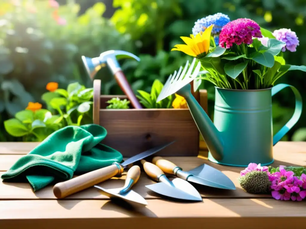 Escena de jardín ecológico con herramientas y plantas vibrantes