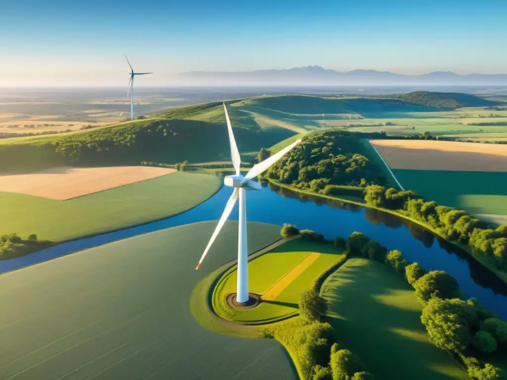 Una escena idílica de un molino de viento en medio de campos verdes, con una comunidad indígena a lo lejos