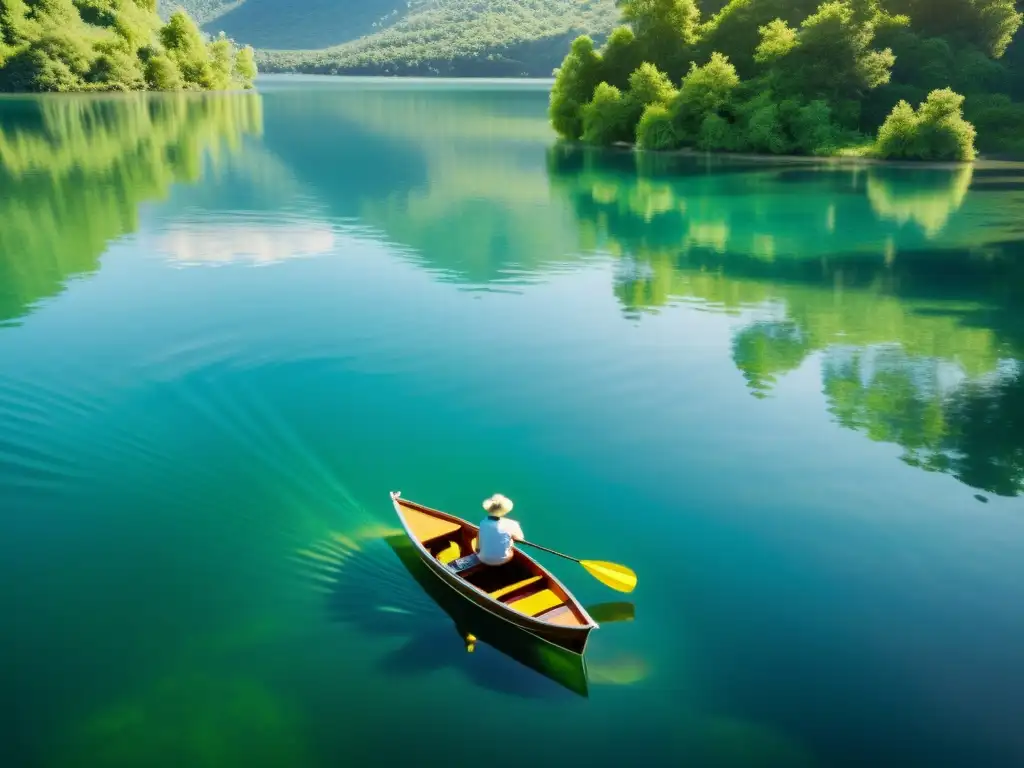 Escena serena en lago rodeado de exuberante vegetación, con bote flotando