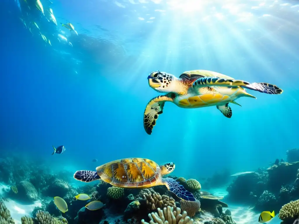 Una escena submarina vibrante con vida marina diversa y colorida, incluyendo coral, peces y una majestuosa tortuga marina nadando graciosamente