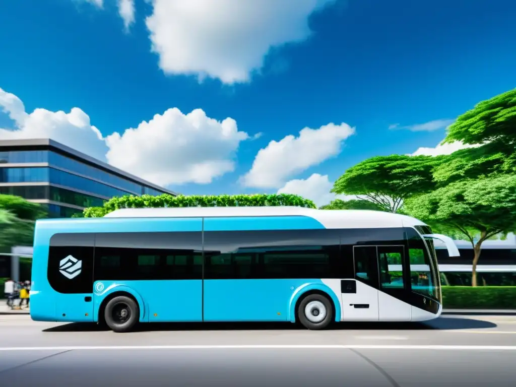 Escena urbana con buses eléctricos y arquitectura ecofriendly, promoviendo alternativas ecológicas transporte limpio en la ciudad moderna