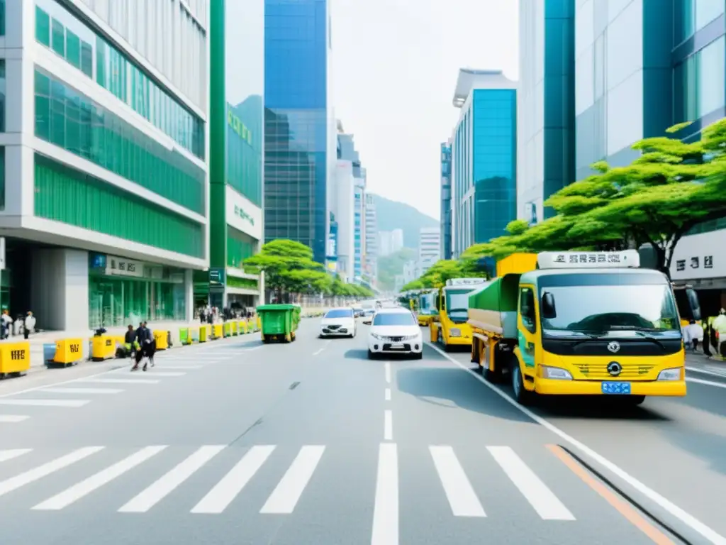 Escena urbana en Corea del Sur, con gestión eficiente de residuos urbanos y edificios modernos en una ciudad bulliciosa