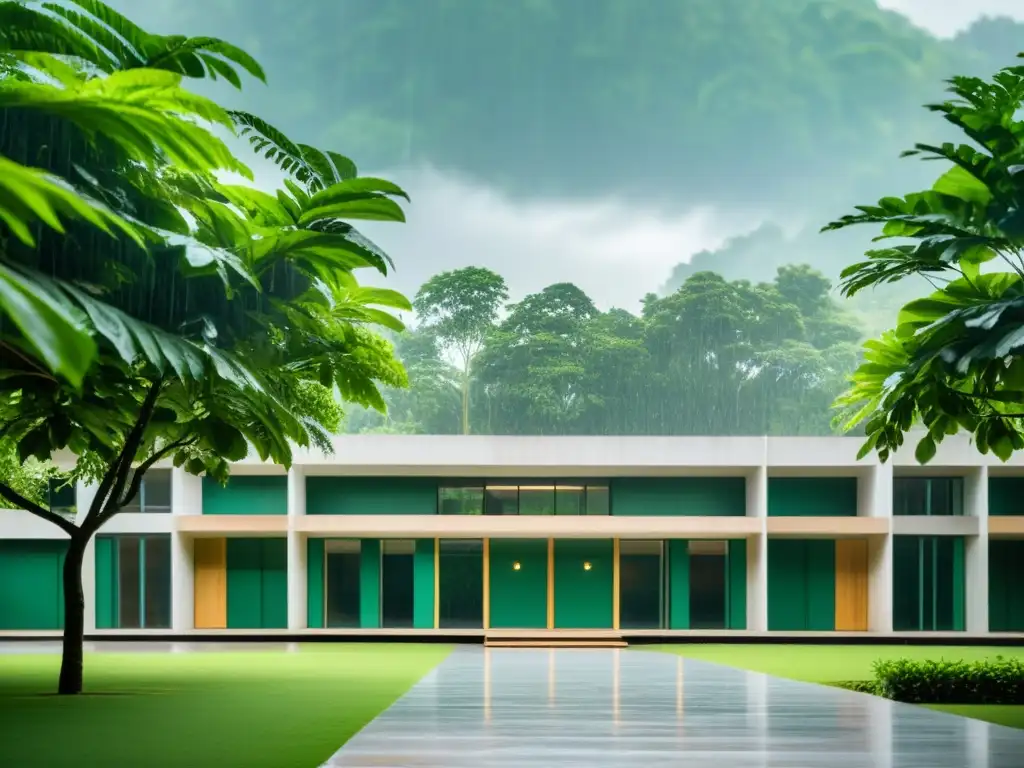 Escuela moderna en medio de exuberante vegetación bajo una suave lluvia, reflejando sostenibilidad y Recogida de agua de lluvia en escuelas