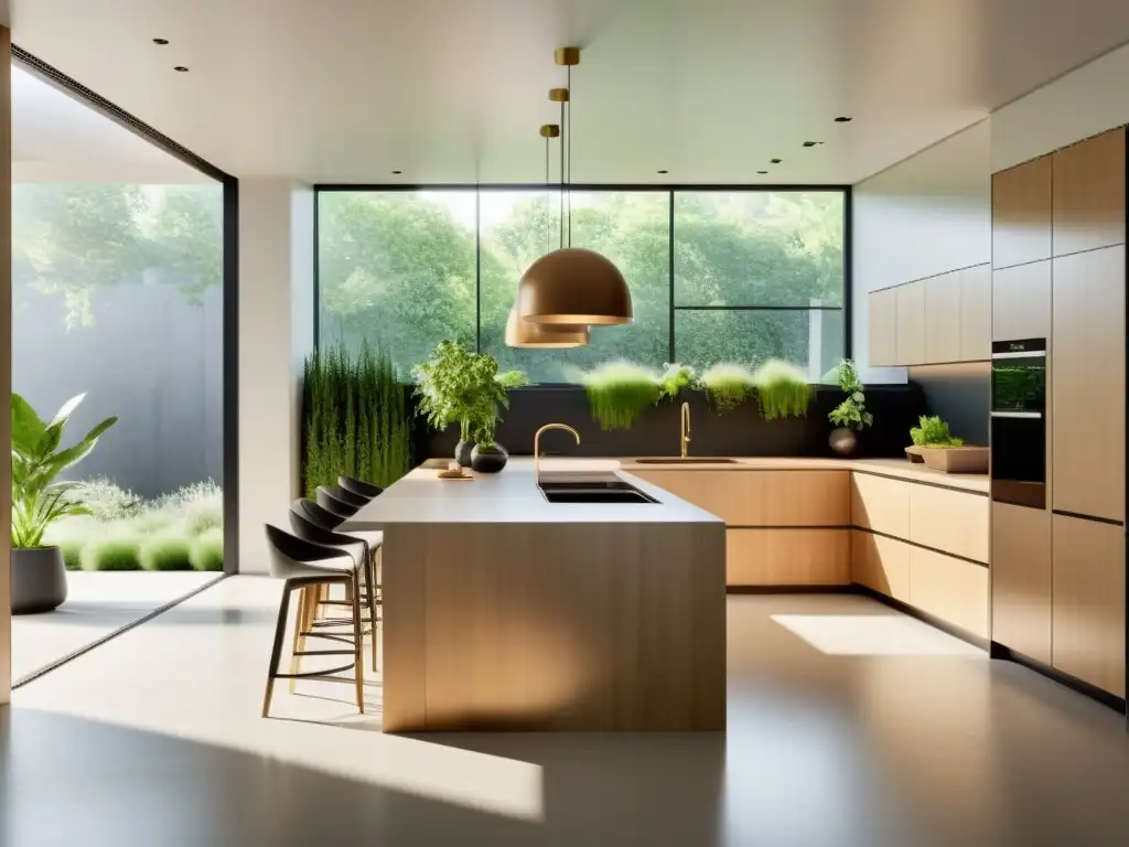 Espacio de cocina contemporánea minimalista con electrodomésticos ecológicos y materiales sostenibles