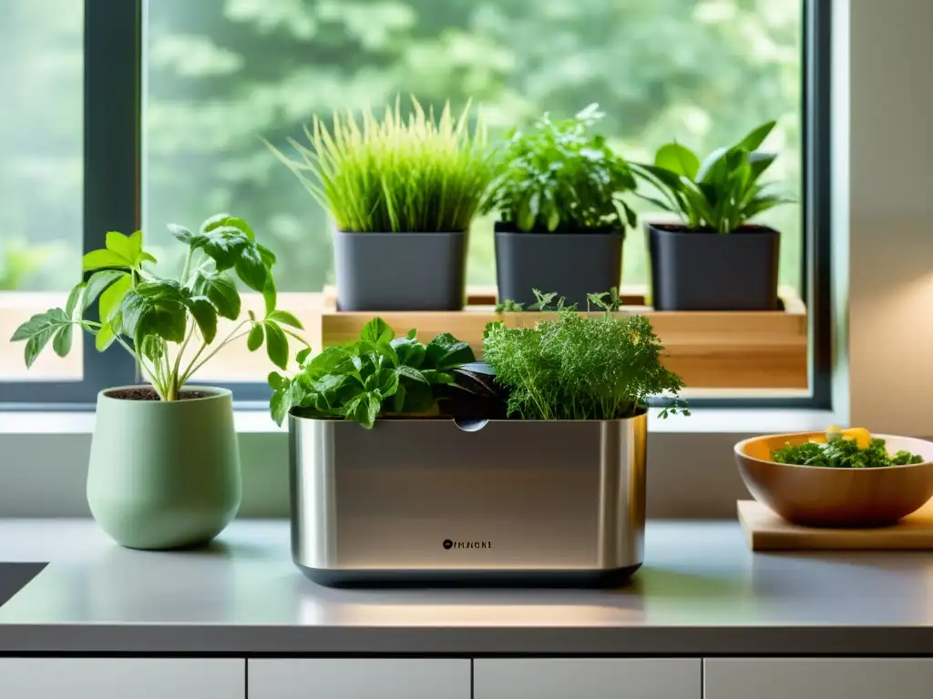 Espacio de cocina moderna con sistema compostaje reducir residuos orgánicos, hierbas frescas y luz natural