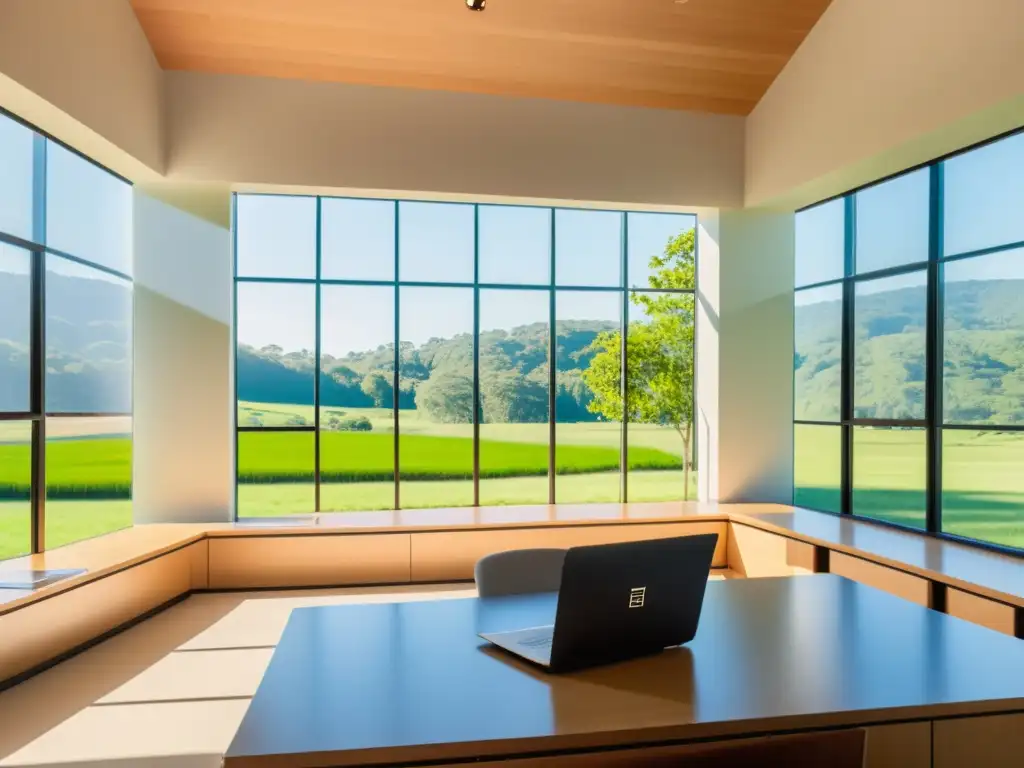 Espacio de estudio luminoso con vista a la naturaleza, ideal para estudios de energías renovables y financiamiento