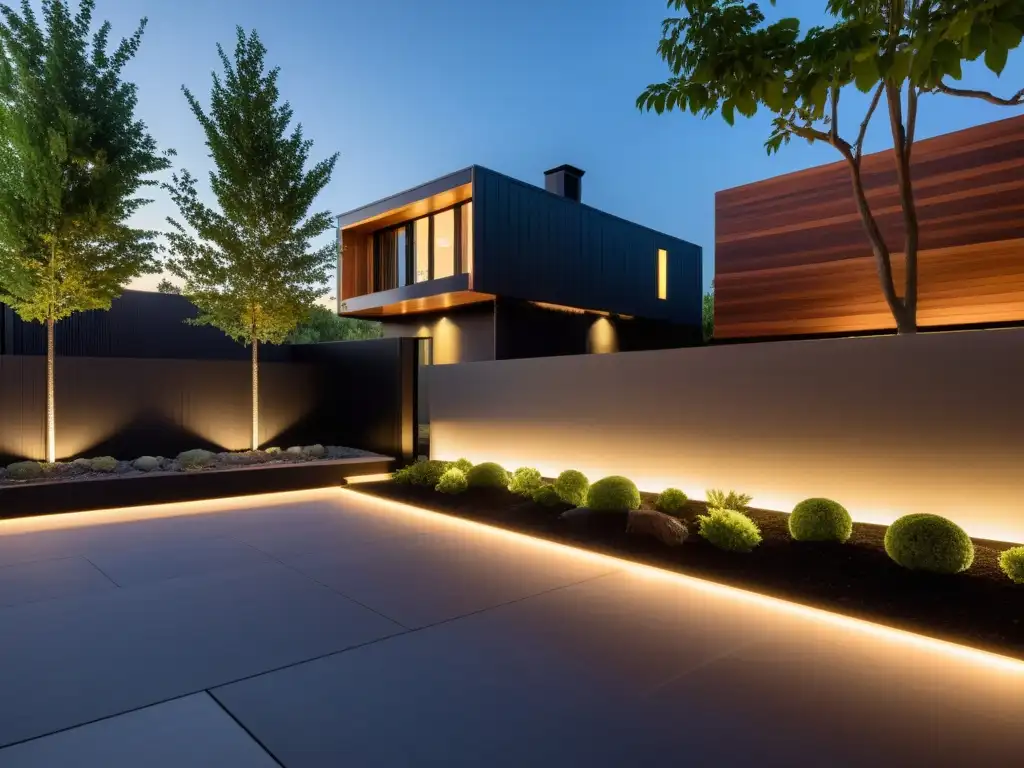 Un espacio exterior moderno iluminado por luces LED solares, destacando su diseño minimalista y su ambiente acogedor