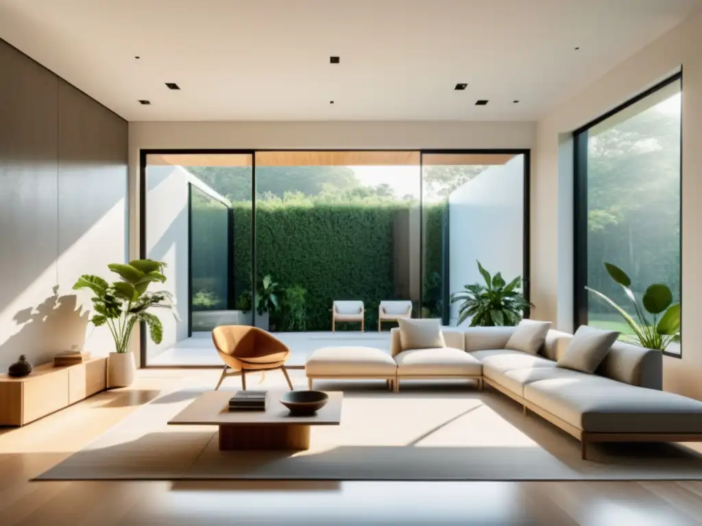 Espacio interior moderno con ventilación cruzada para hogar sostenible, muebles elegantes y plantas de interior, bañados por luz natural