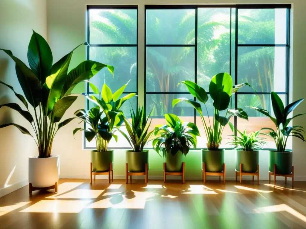 Un espacio luminoso con plantas purificadoras de aire interior, creando un ambiente natural y sereno