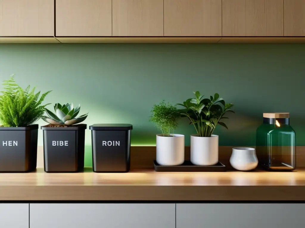 Espacio minimalista y sostenible en cocina con separación de reciclaje para vidrio, plástico y papel