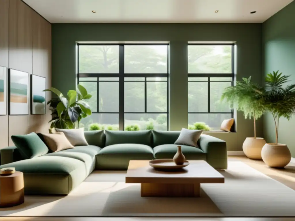 Espacio minimalista y sostenible con muebles ecofriendly y plantas, para descarbonización en hogares sostenibles