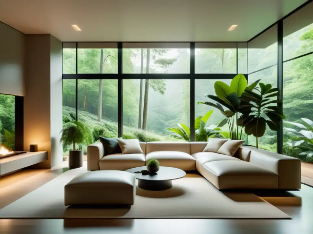 Espacio minimalista con vista a bosque, luz natural, plantas y mobiliario moderno