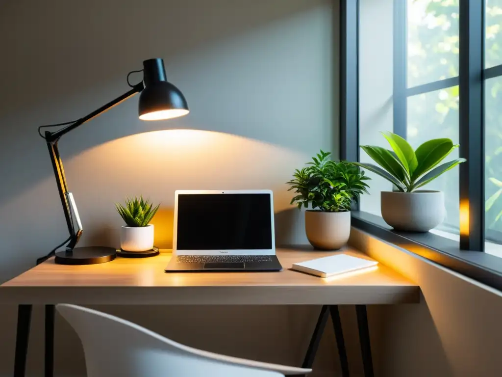 Un espacio de oficina en casa minimalista con una lámpara LED de escritorio elegante y eficiente en energía, iluminando un espacio de trabajo ordenado