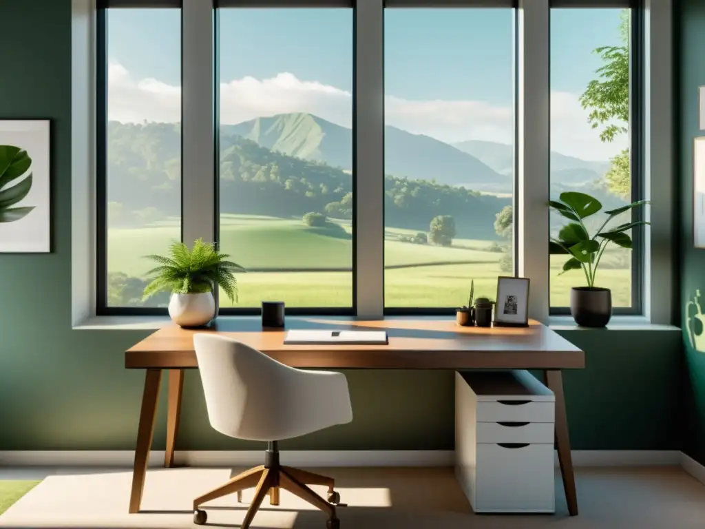 Espacio de oficina en casa sostenible con lámpara de escritorio energéticamente eficiente, escritorio ordenado con planta y ventana panorámica