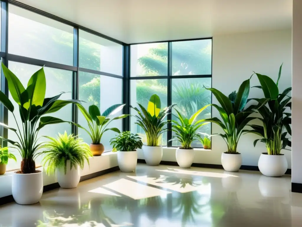 Espacio sereno con plantas purificadoras de aire en un ambiente luminoso y acogedor