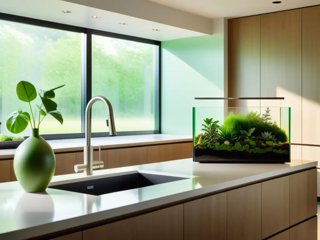 Espaciosa cocina moderna con electrodomésticos ecológicos y un elegante terrario de algas, iluminada por la luz natural