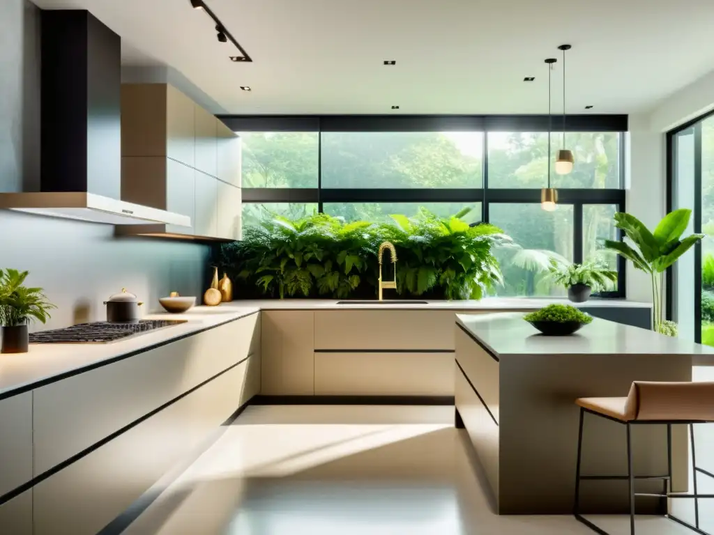 Espaciosa cocina moderna con tecnología verde y plantas, iluminada por luz natural