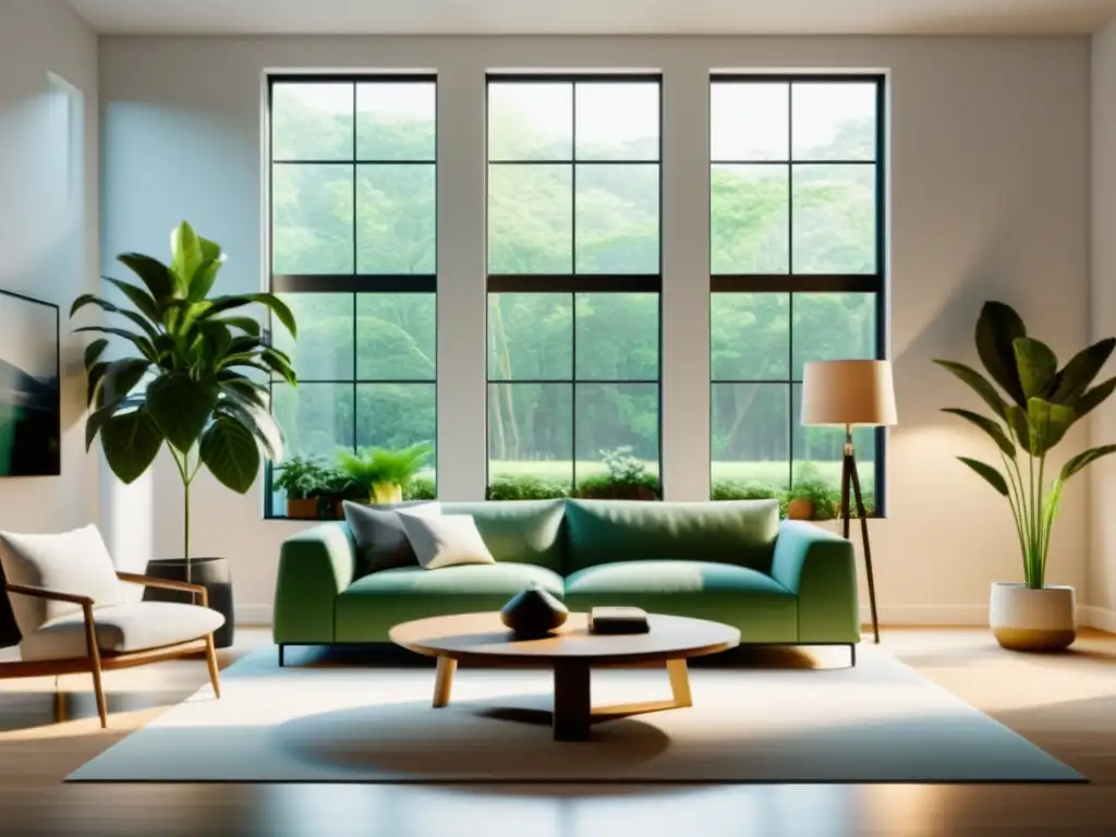 Espacioso salón minimalista con luz natural, muebles modernos y plantas verdes que crea un ambiente acogedor y saludable