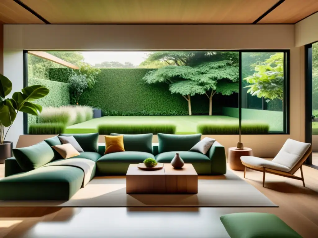 Espacioso salón minimalista con muebles sostenibles y vistas al jardín, creando un ambiente cálido