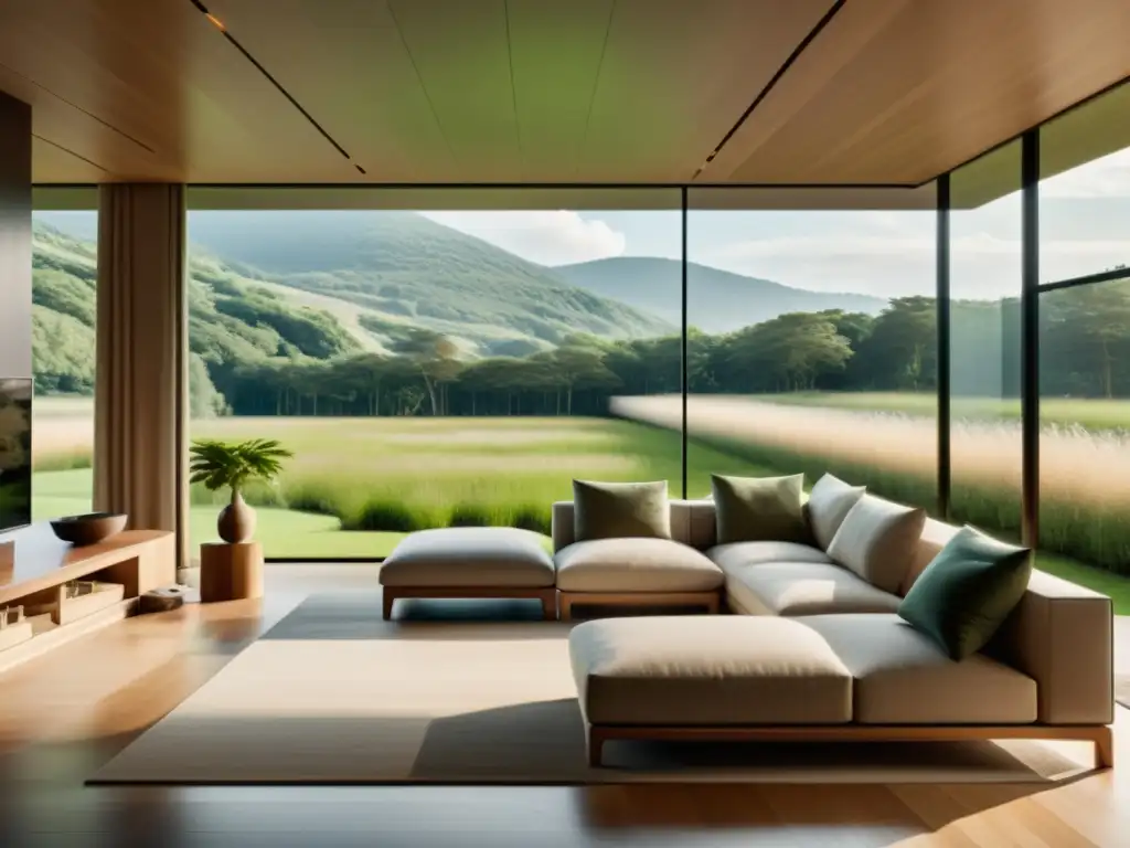 Espacioso salón minimalista con vista a paisaje verde