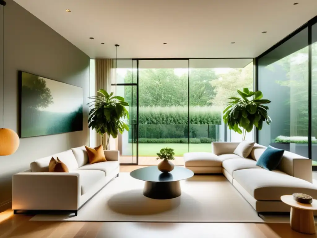 Espacioso salón con iluminación natural para hogar sostenible, decoración minimalista y plantas verdes