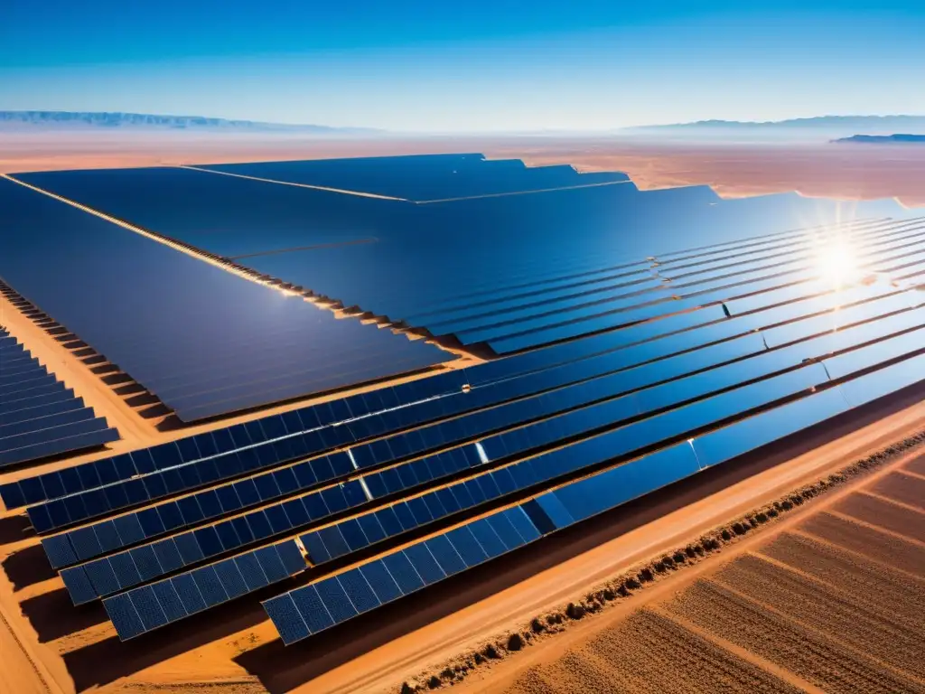 Un espectacular campo de paneles solares en el árido desierto de Marruecos, creando un patrón hipnótico bajo el intenso sol